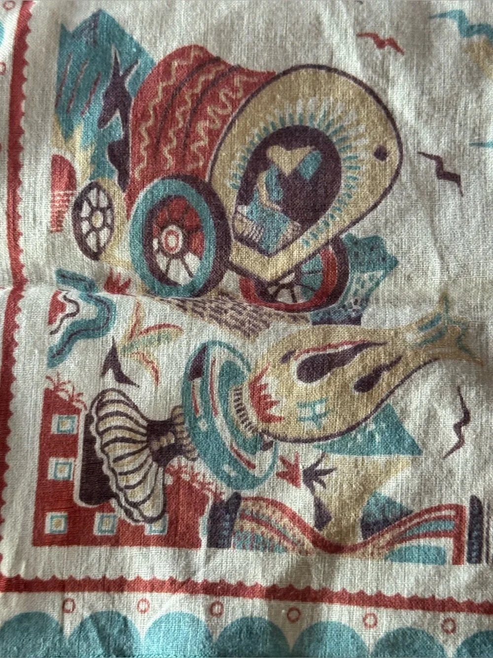 Vintage Mid Century Mexican Themed Print Handkerchief Great Condition!
